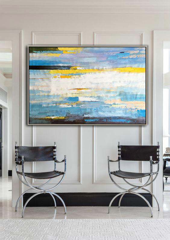 Large Abstract Art,Horizontal Abstract Landscape Art,Extra Large Wall Art,White,Yellow,Blue,Purple,Black.etc